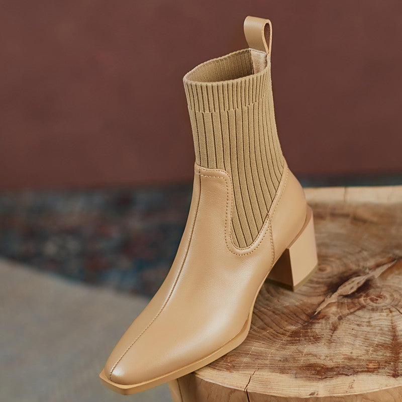 Yuliana Genuine Leather Chunky Heel Slip on Ankle Boots Newgew