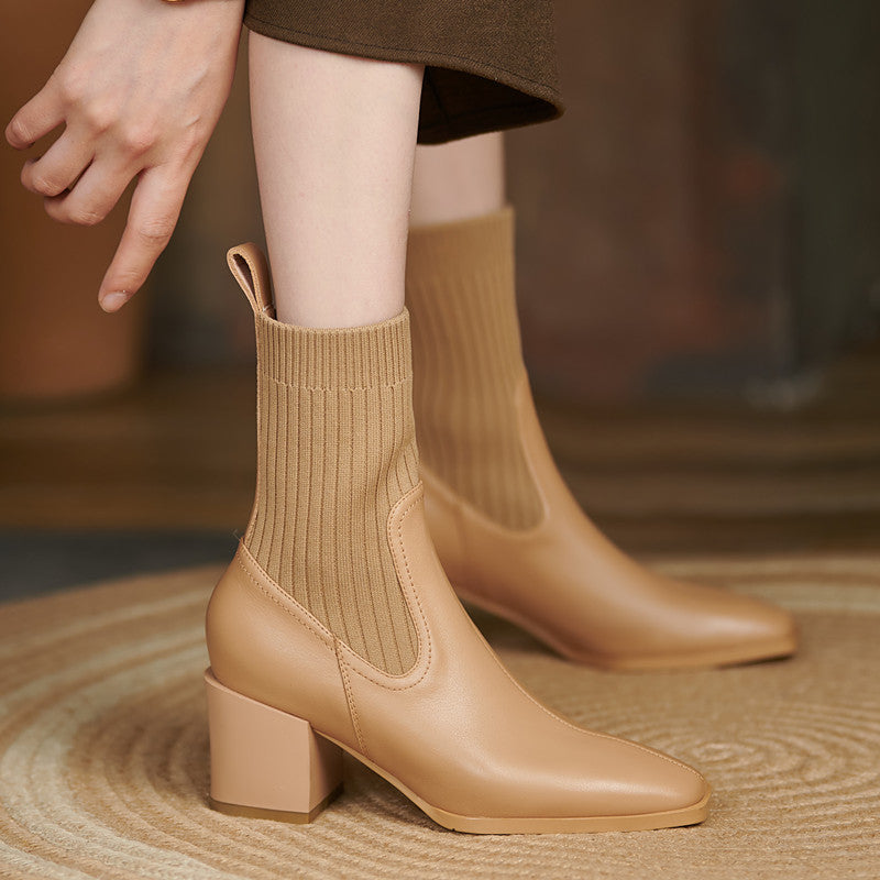 Yuliana Genuine Leather Chunky Heel Slip on Ankle Boots Newgew