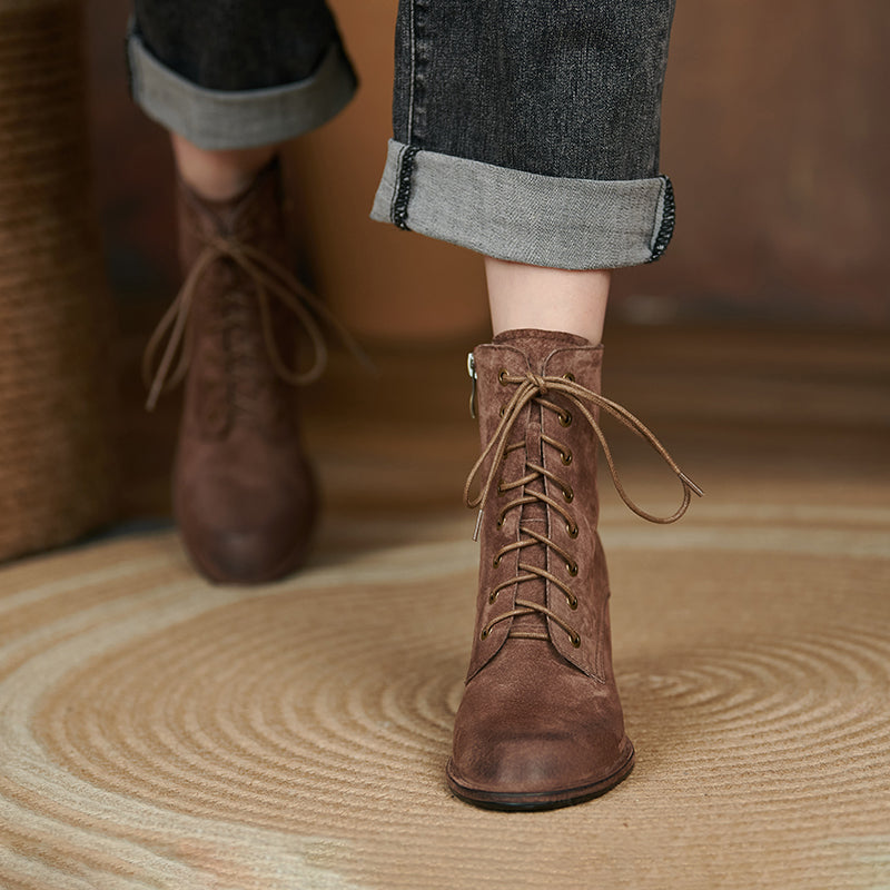 Yusra Genuine Leather Chunky Heel Lace up Ankle Boots Newgew