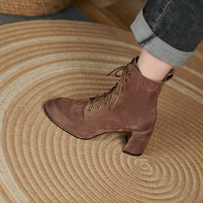 Yusra Genuine Leather Chunky Heel Lace up Ankle Boots Newgew