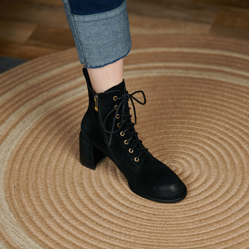 Yusra Genuine Leather Chunky Heel Lace up Ankle Boots Newgew