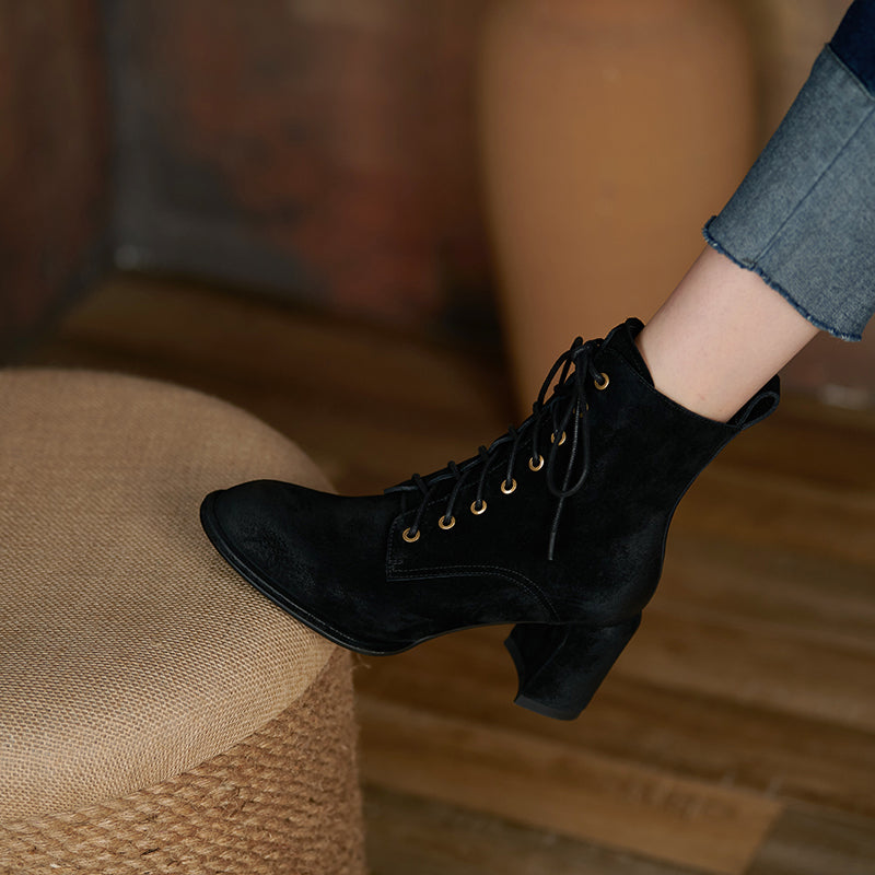 Yusra Genuine Leather Chunky Heel Lace up Ankle Boots Newgew