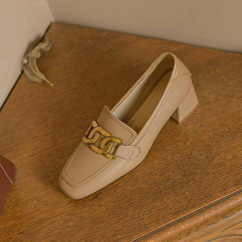 Zena Genuine Leather Chunky Heel Loafers with Chain Newgew