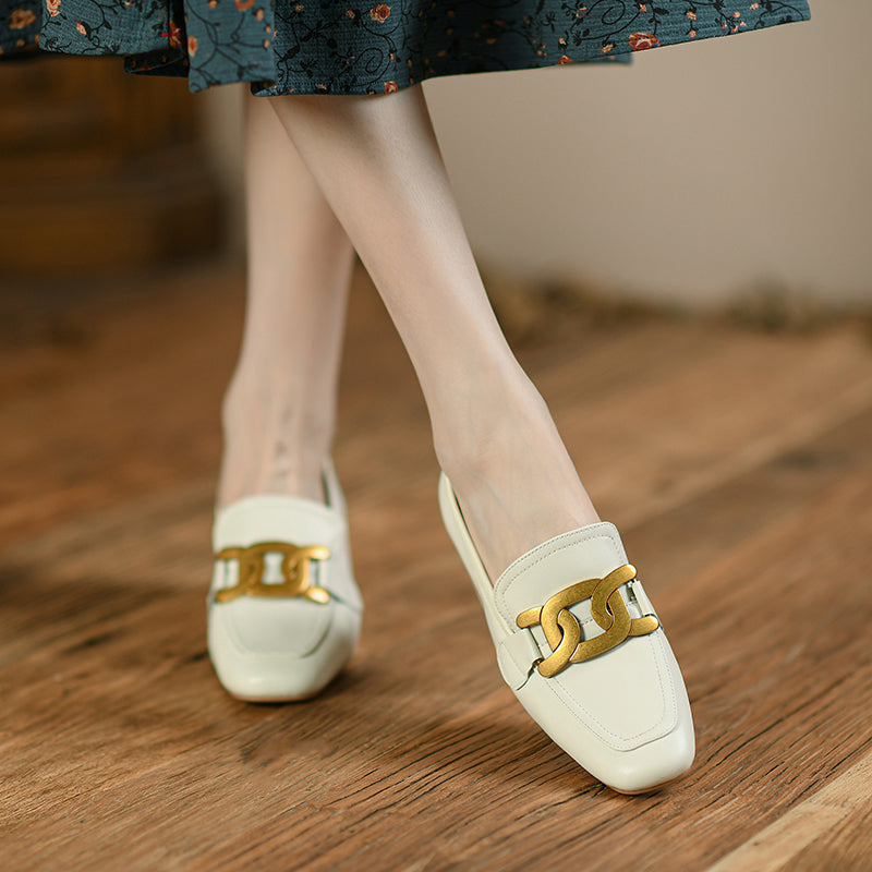 Zena Genuine Leather Chunky Heel Loafers with Chain Newgew