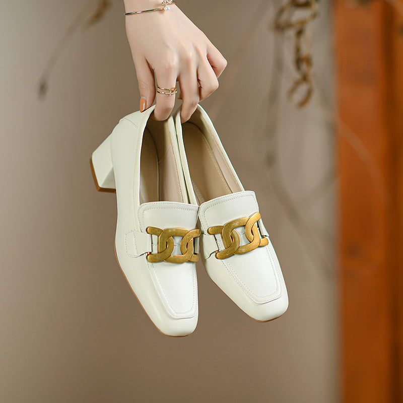 Zena Genuine Leather Chunky Heel Loafers with Chain Newgew