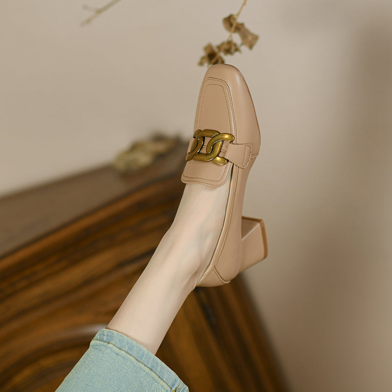 Zena Genuine Leather Chunky Heel Loafers with Chain Newgew