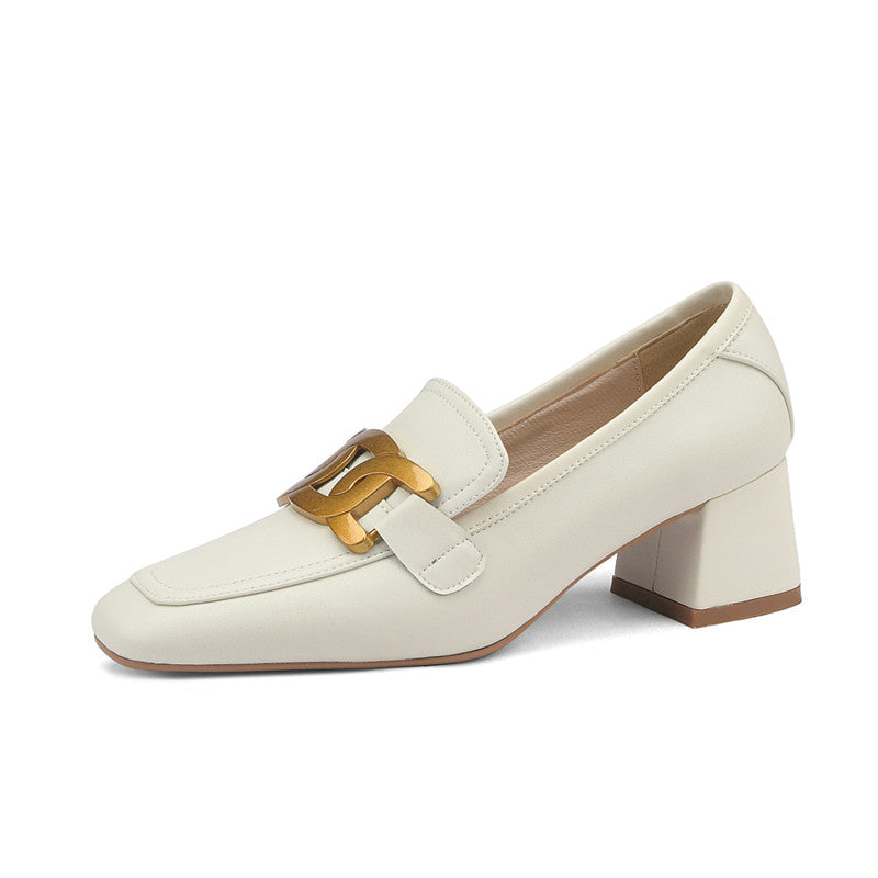 Zena Genuine Leather Chunky Heel Loafers with Chain Newgew