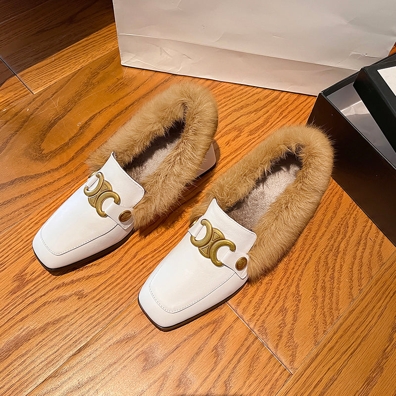 Zofia Genuine Leather Chunky Heel Loafers with Fur Newgew