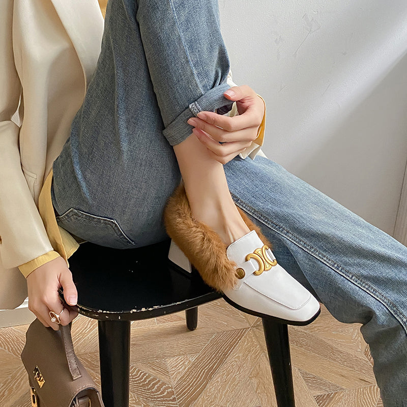 Zofia Genuine Leather Chunky Heel Loafers with Fur Newgew