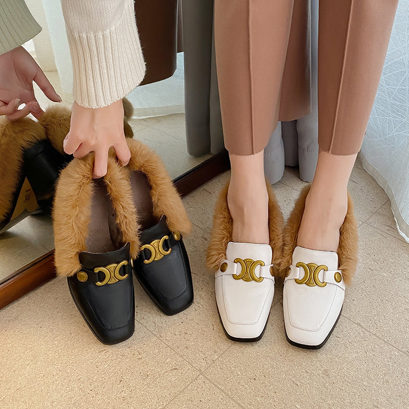 Zofia Genuine Leather Chunky Heel Loafers with Fur Newgew