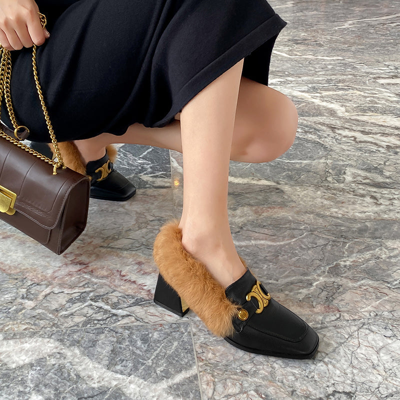 Zofia Genuine Leather Chunky Heel Loafers with Fur Newgew