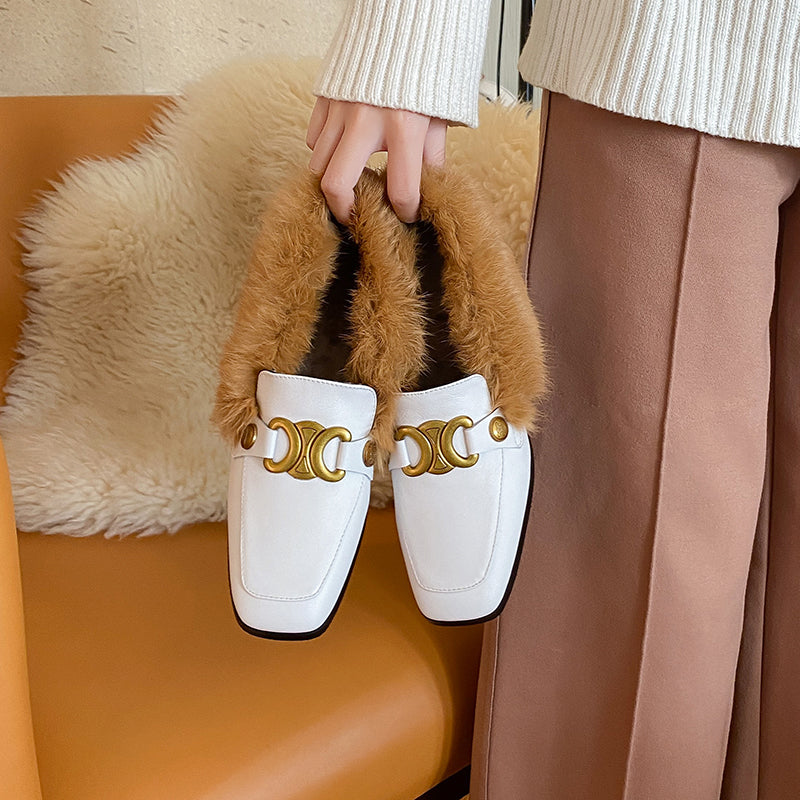 Zofia Genuine Leather Chunky Heel Loafers with Fur Newgew