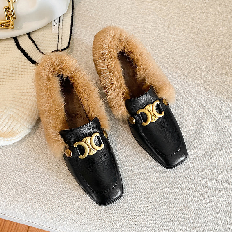 Zofia Genuine Leather Chunky Heel Loafers with Fur Newgew