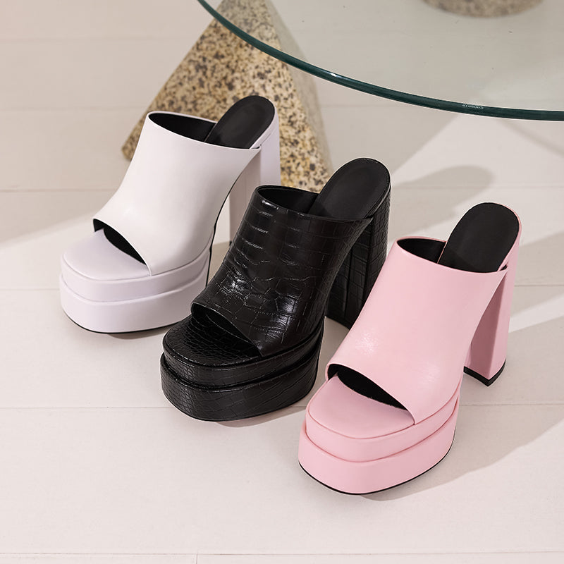 Cora Platform Peep Toe High Black Heel Mules NEW GEW