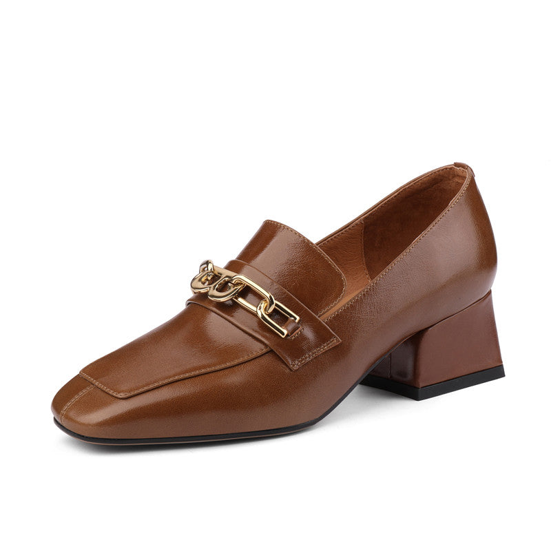 Carlee Genuine Leather Heeled Loafers with Chain Newgew