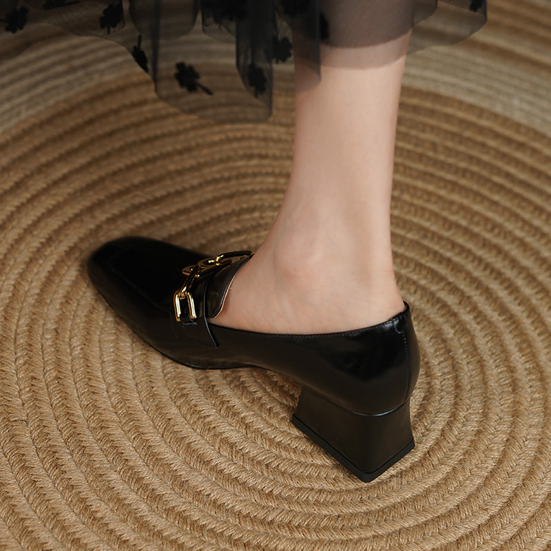 Carlee Genuine Leather Heeled Loafers with Chain Newgew