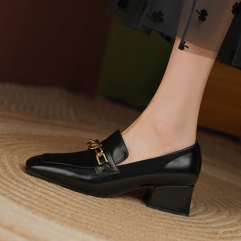 Carlee Genuine Leather Heeled Loafers with Chain Newgew
