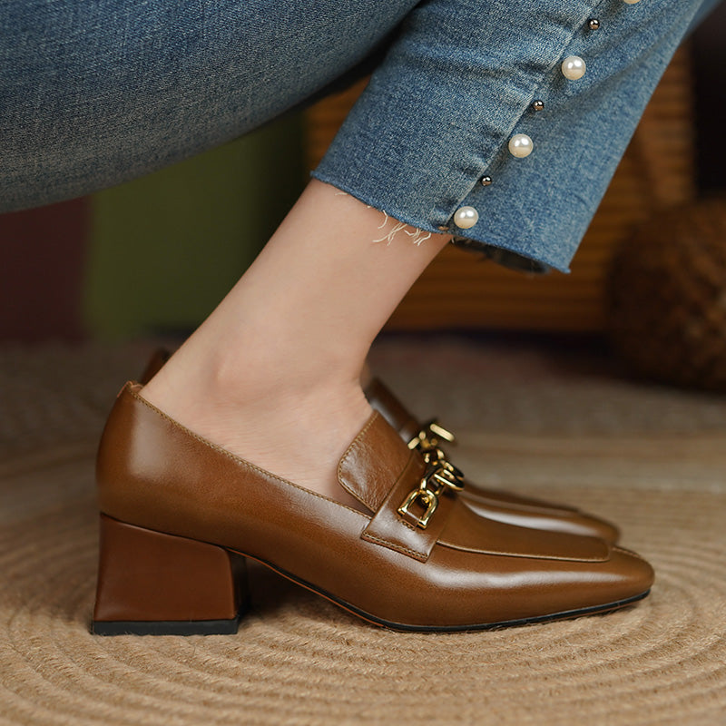 Carlee Genuine Leather Heeled Loafers with Chain Newgew