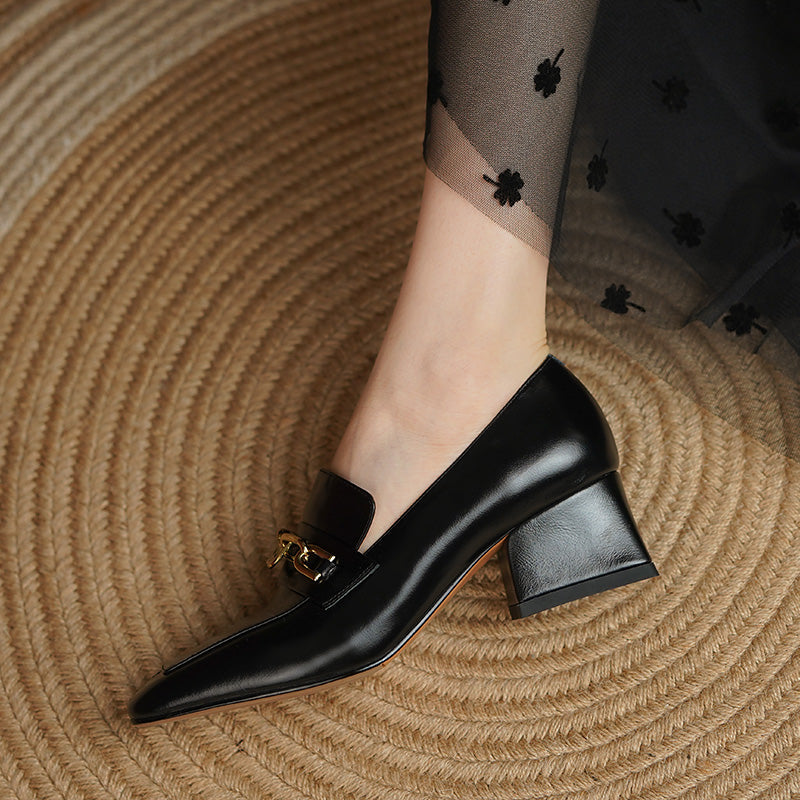 Carlee Genuine Leather Heeled Loafers with Chain Newgew