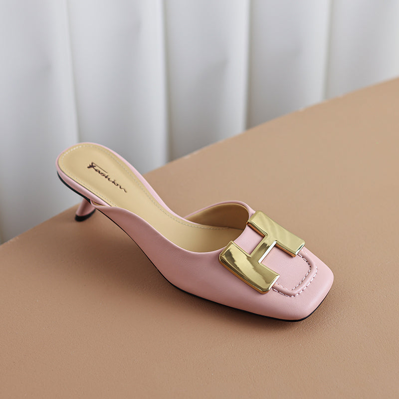 Dora Square Toe Kitten Heel Mules with Chain NEW GEW