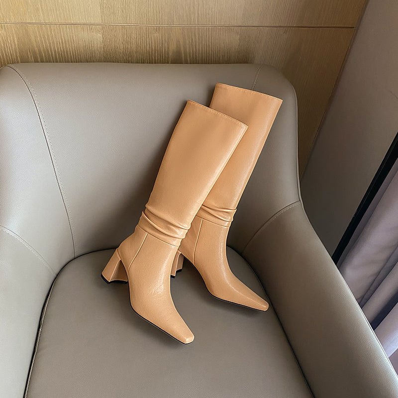 Emery Square Toe Heeled Slouchy Genuine Leather Knee High Boots NEW GEW
