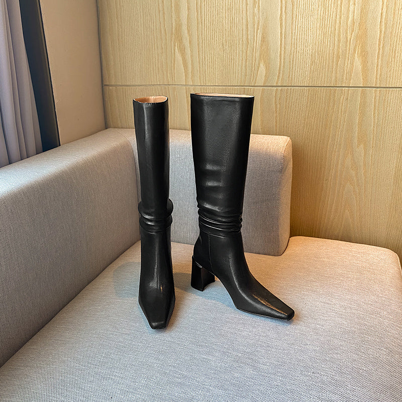 Emery Square Toe Heeled Slouchy Genuine Leather Knee High Boots NEW GEW