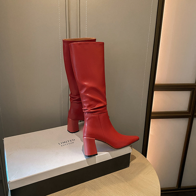 Emery Square Toe Heeled Slouchy Genuine Leather Knee High Boots NEW GEW