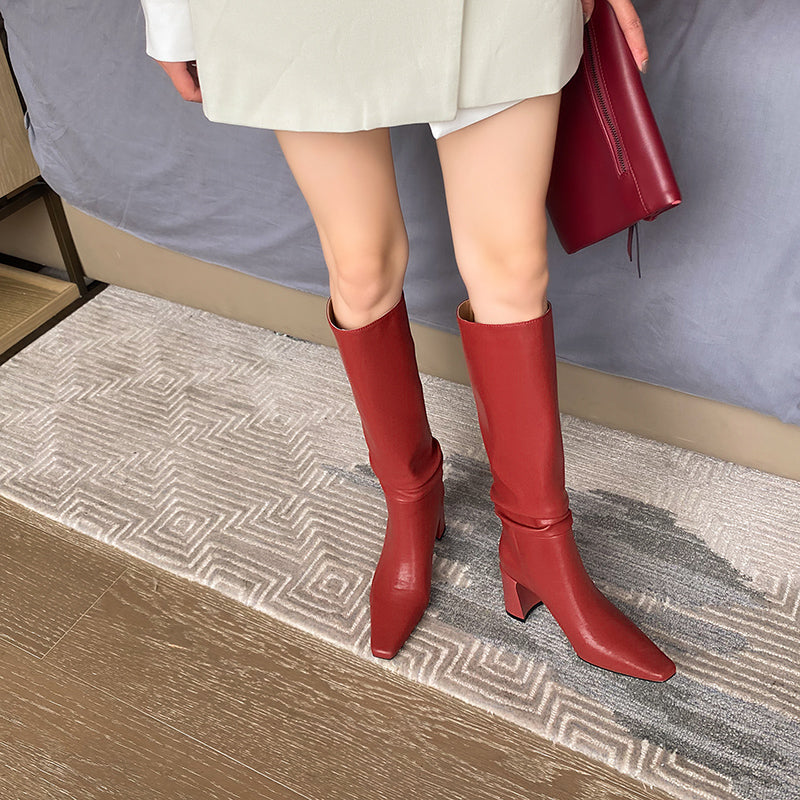 Emery Square Toe Heeled Slouchy Genuine Leather Knee High Boots NEW GEW