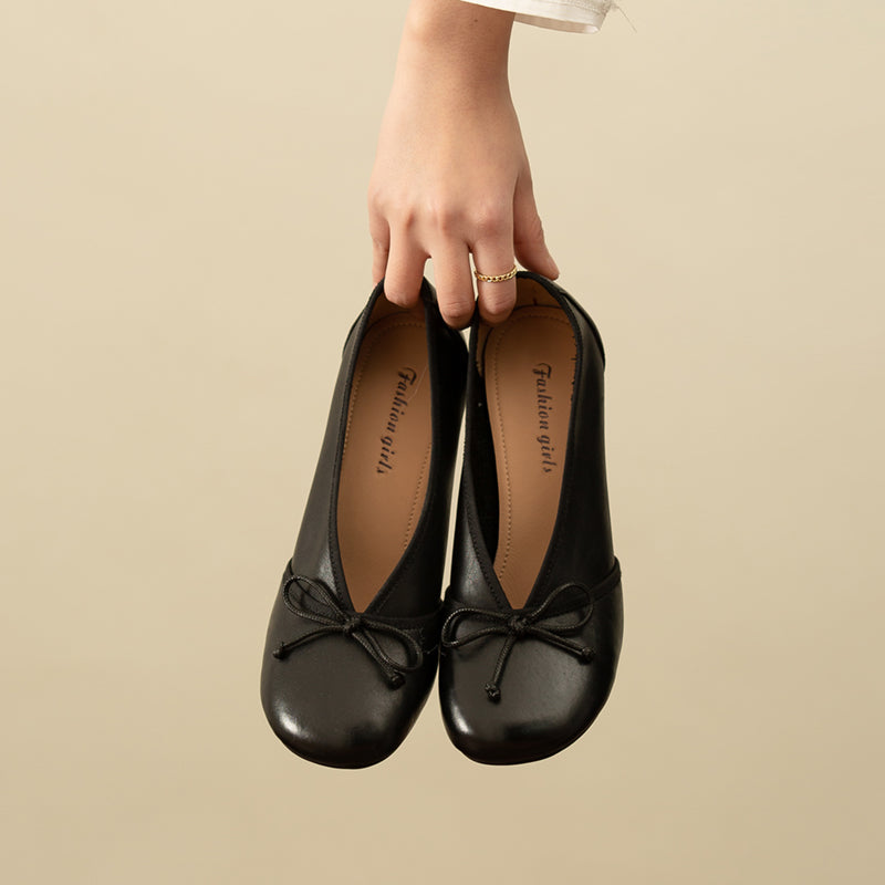 Hinda Vintage Genuine Leather Handmade Round Toe Kitten Heels with Bow Newgew