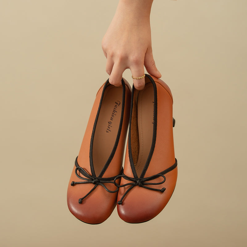 Hinda Vintage Genuine Leather Handmade Round Toe Kitten Heels with Bow Newgew