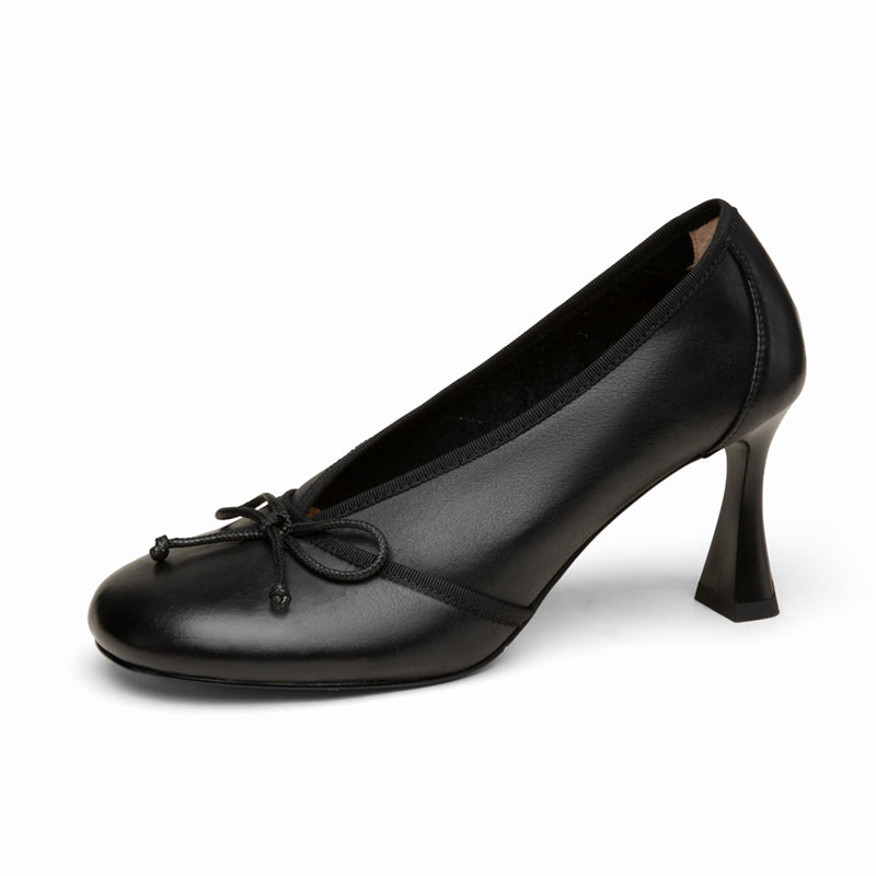 Hinda Vintage Genuine Leather Handmade Round Toe Kitten Heels with Bow Newgew