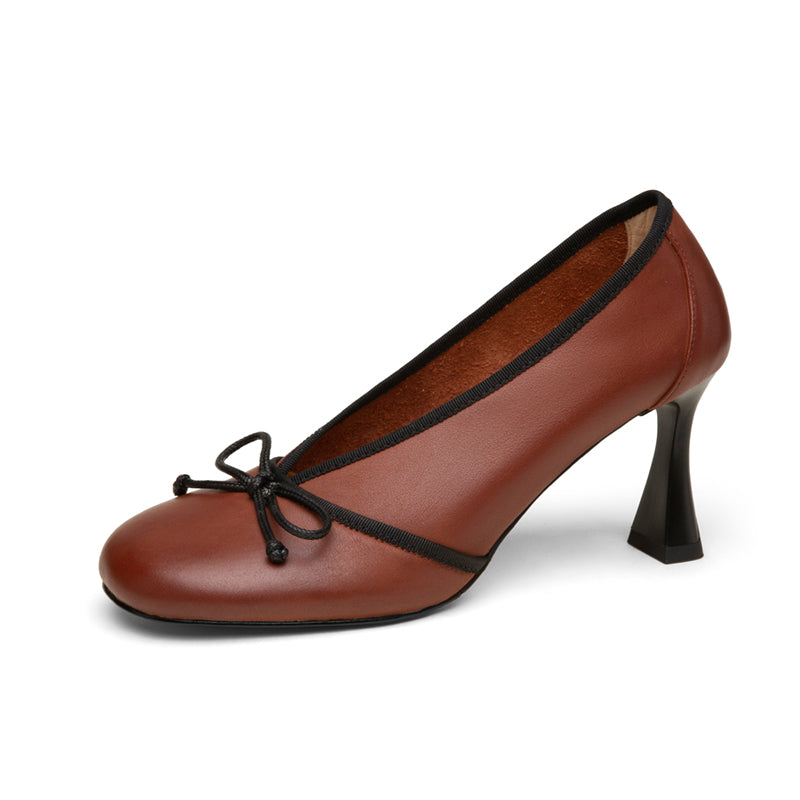 Hinda Vintage Genuine Leather Handmade Round Toe Kitten Heels with Bow Newgew