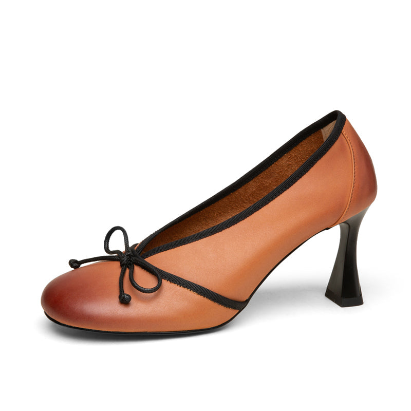 Hinda Vintage Genuine Leather Handmade Round Toe Kitten Heels with Bow Newgew