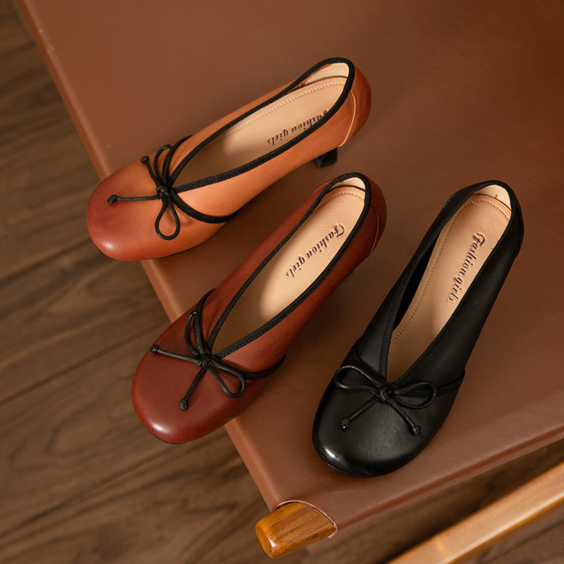 Hinda Vintage Genuine Leather Handmade Round Toe Kitten Heels with Bow Newgew