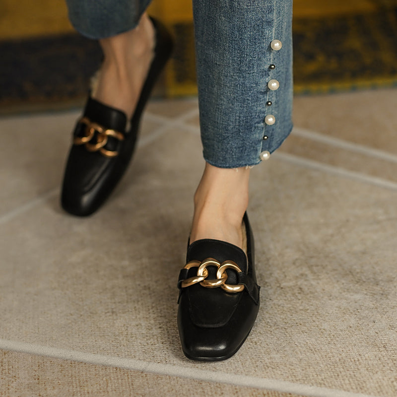 Zia Wool Genuine Leather Winte Loafers with Chain Newgew