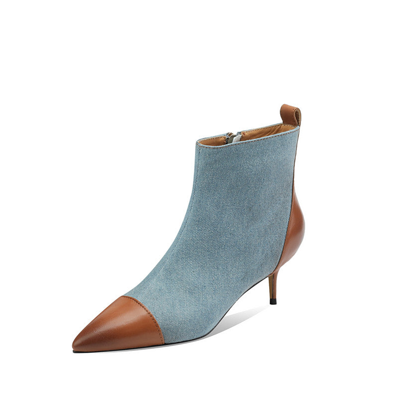 Myla Pointed Toe Ankle Denim Boots Blue newgew