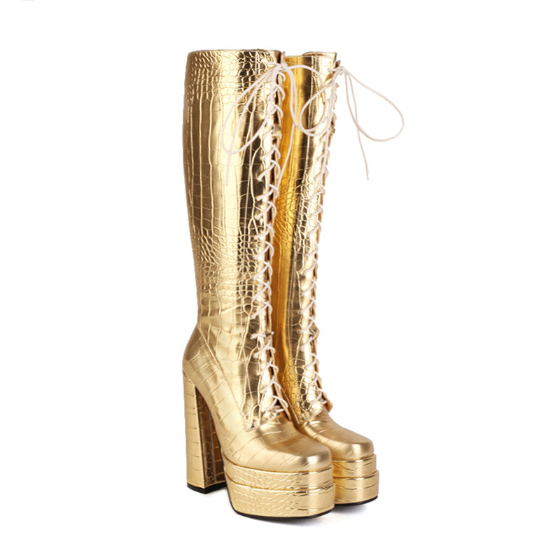 Harper Lace up Gold Knee High Boots Newgew