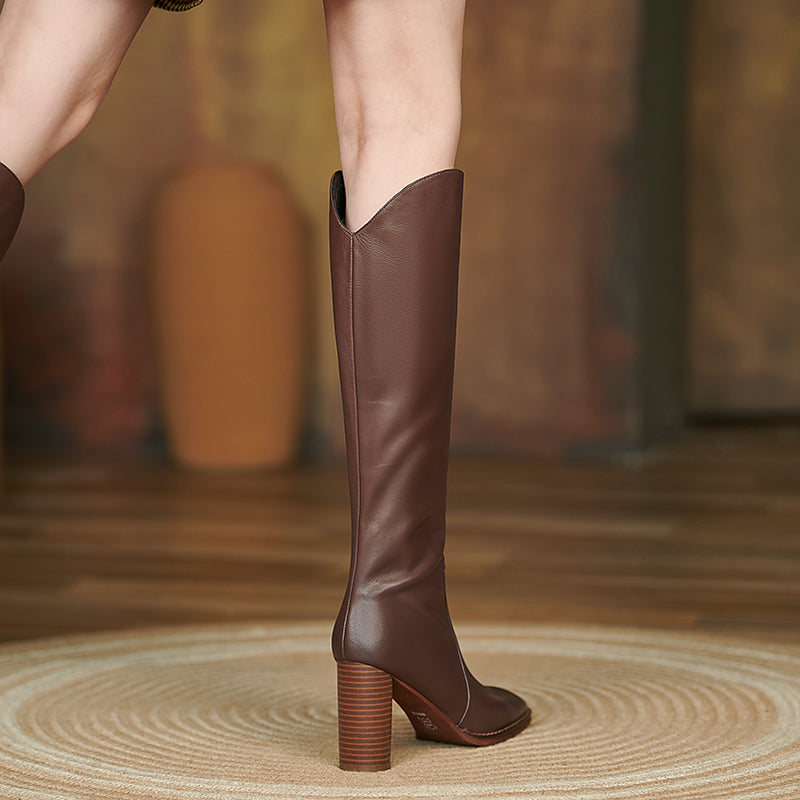 Islah Block Heel Brown Knee High Leather Boots Newgew