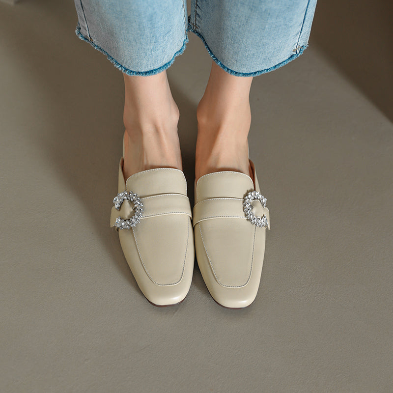 Elara Beige Leather Flat Mules NEW GEW