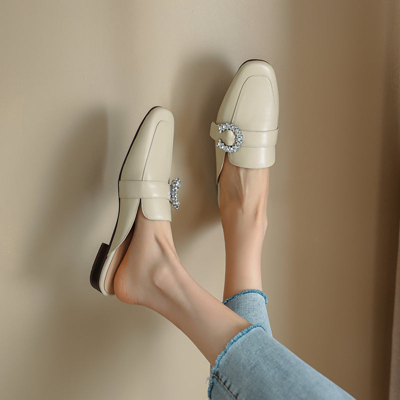 Elara Beige Leather Flat Mules NEW GEW