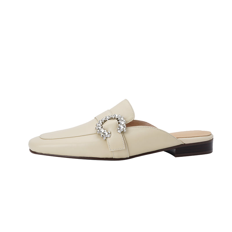 Elara Beige Leather Flat Mules NEW GEW