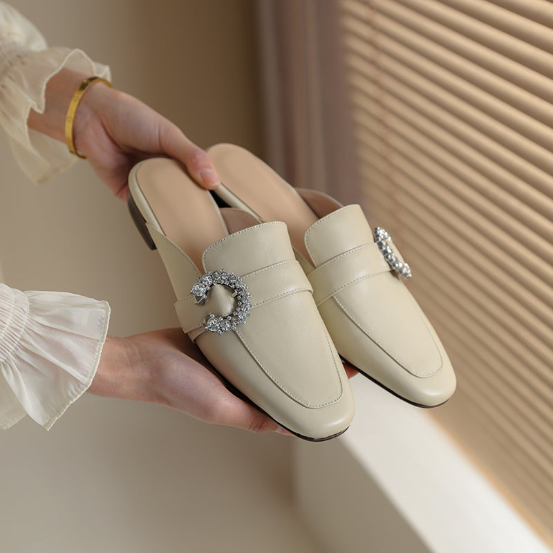 Elara Beige Leather Flat Mules NEW GEW