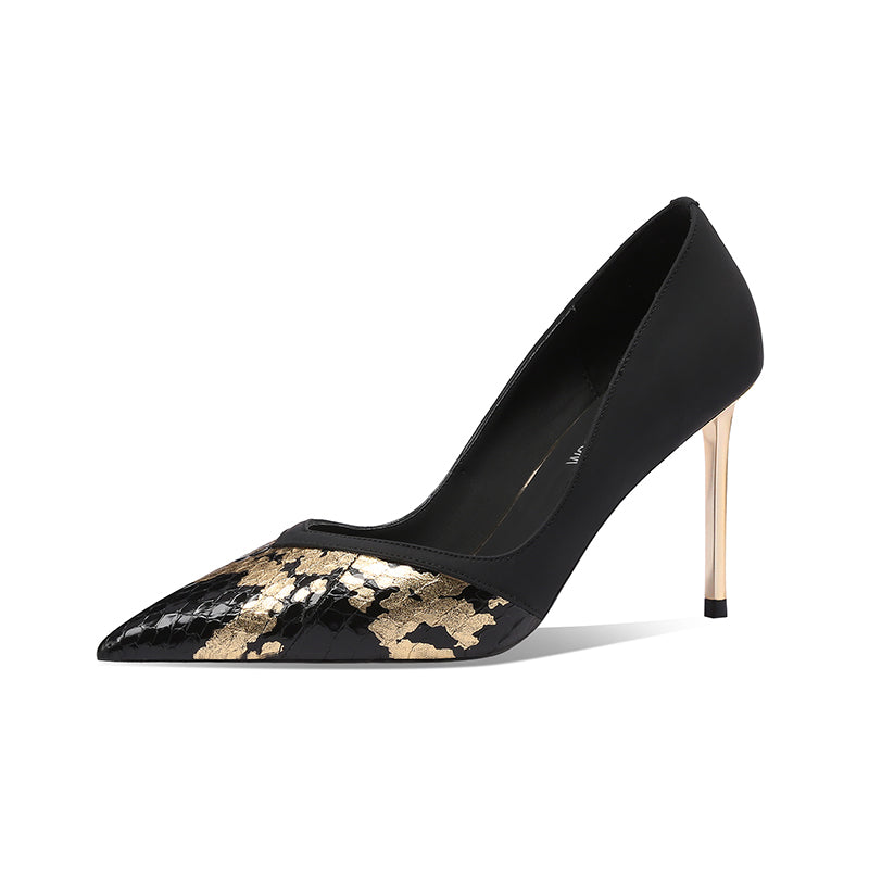 Mira Pointed Toe Black and Gold High Heels newgew
