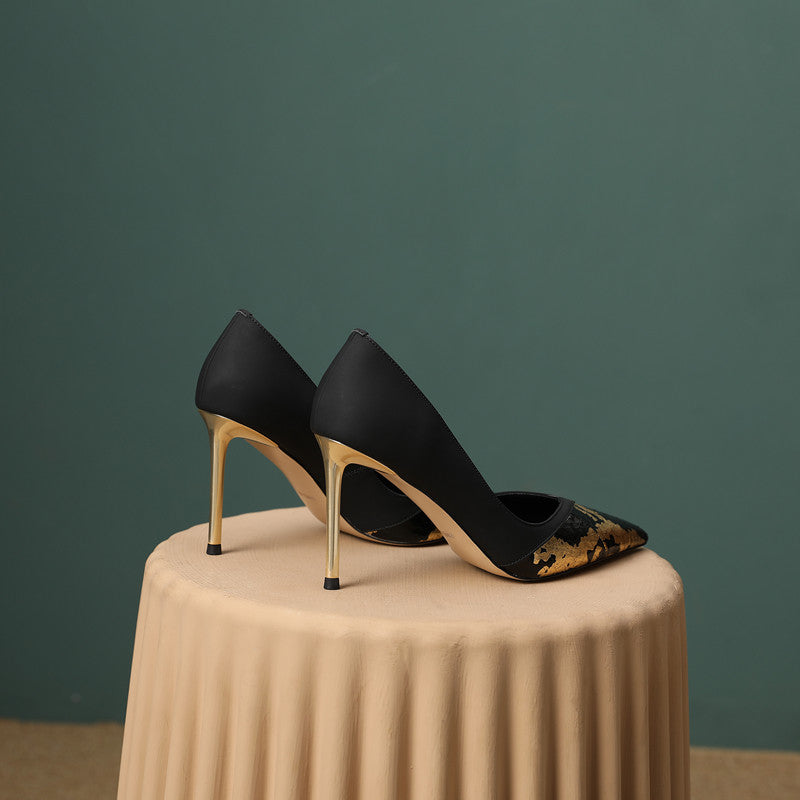 Mira Pointed Toe Black and Gold High Heels newgew