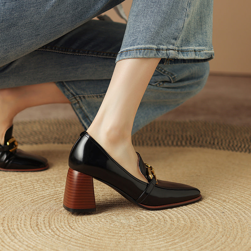 Italia Black Square Toe Heeled Loafers newgew