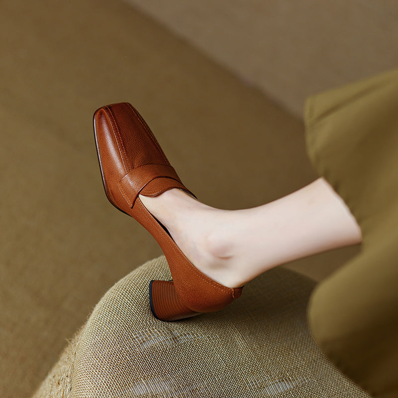 Inga Square Toe Block Heeled Loafers Brown Newgew
