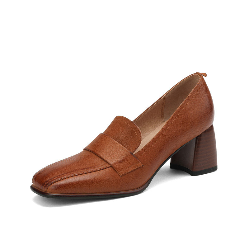 Inga Square Toe Block Heeled Loafers Brown Newgew