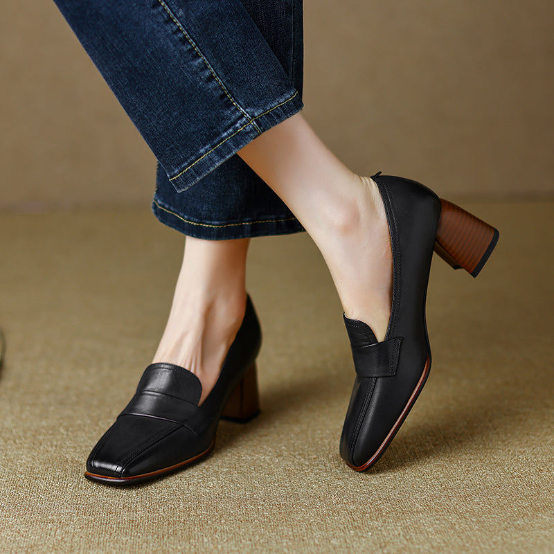 Inga Black Square Toe Block Heeled Loafers Newgew