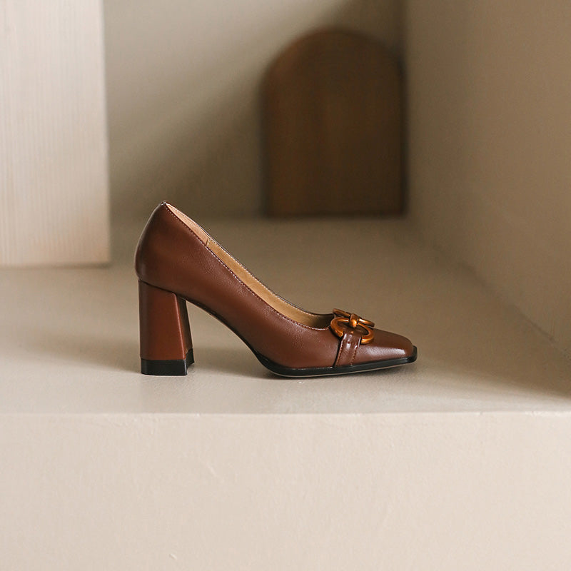 Faigy Square Toe Gold Chain Heels Brown NEW GEW