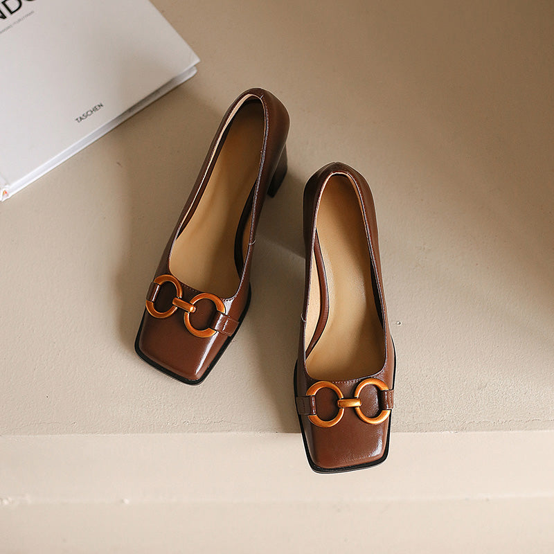 Faigy Square Toe Gold Chain Heels Brown NEW GEW